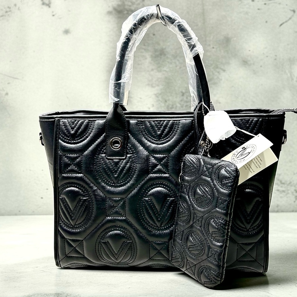 NWT Valentino Orlandi Black Vegan Leather Quilted Tote